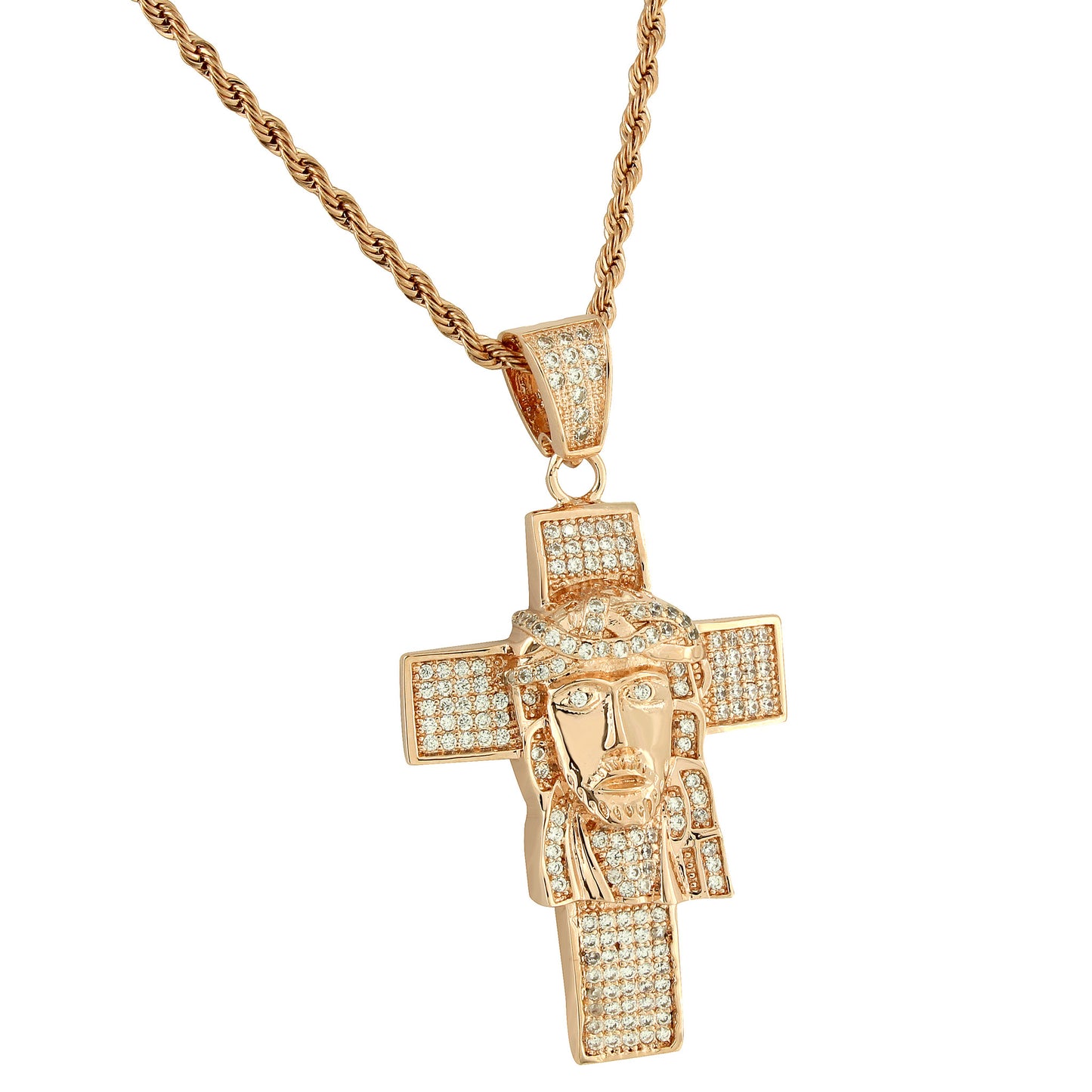 Jesus Face On The Cross Designer With Simulated Diamond 14k Rose gold finish 24" Chain