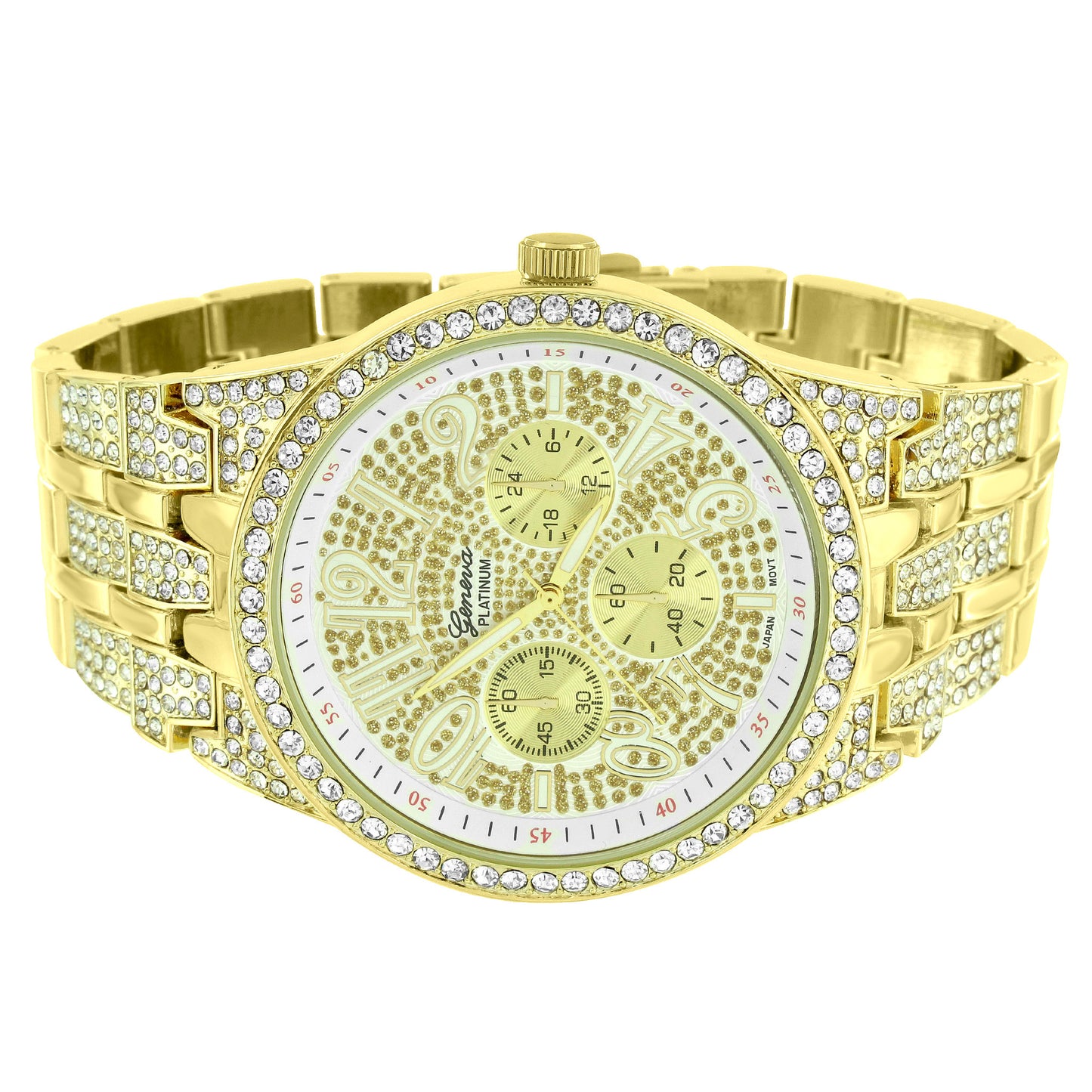 Watch Matching Bracelet Gift Set Full Bling Gold Tone Platinum Mens