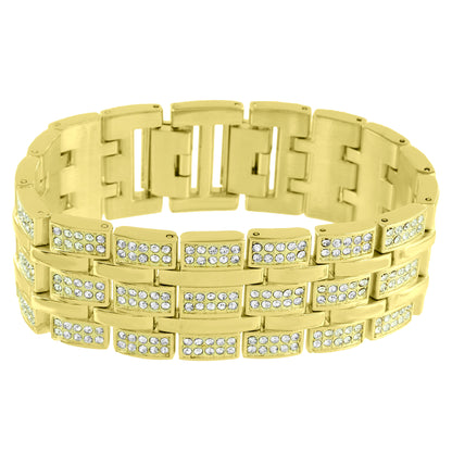 Watch Matching Bracelet Gift Set Full Bling Gold Tone Platinum Mens