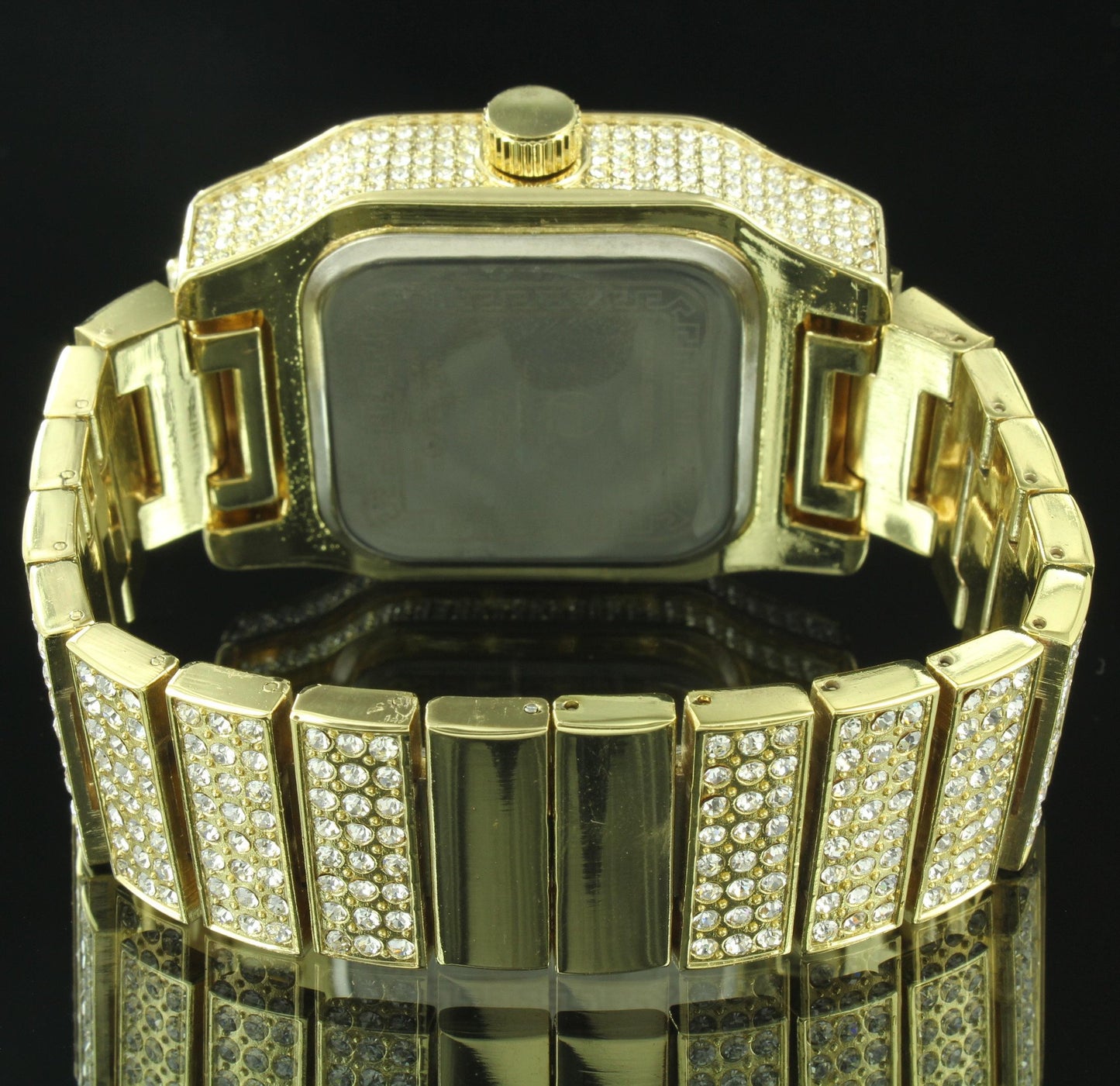 Men Hip Hop  Gold Tone Techno Pave Simulated Diamond Watch & Earring Set