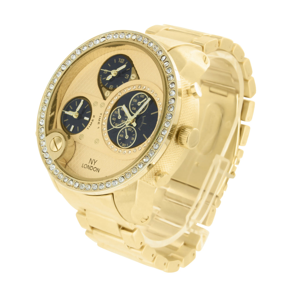 Yellow Three Time Zone Watch NY London Big Round Face | Master of Bling