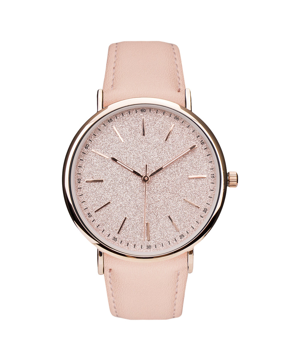 14k Rose Gold Finish Light Pink Shimmer Dial Watch Leather Band New