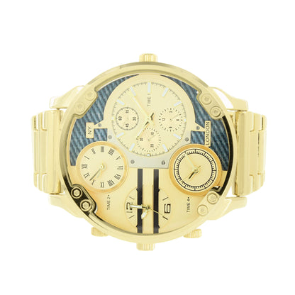 Gold Finish Watch Large Face Round Analog 3 Timezone Look 63 MM