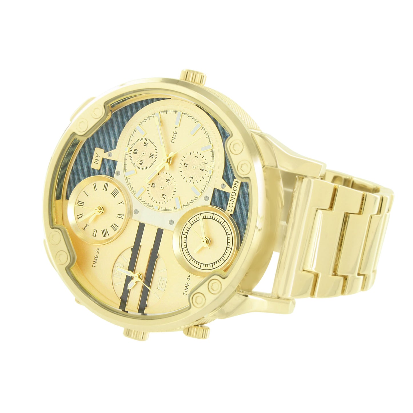 Gold Finish Watch Large Face Round Analog 3 Timezone Look 63 MM