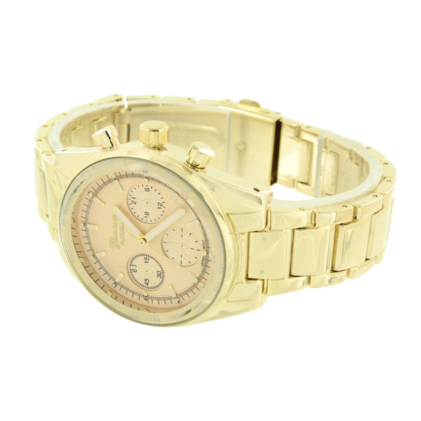 Gold Finish Geneva Watch Stainless Steel Back Water Resist