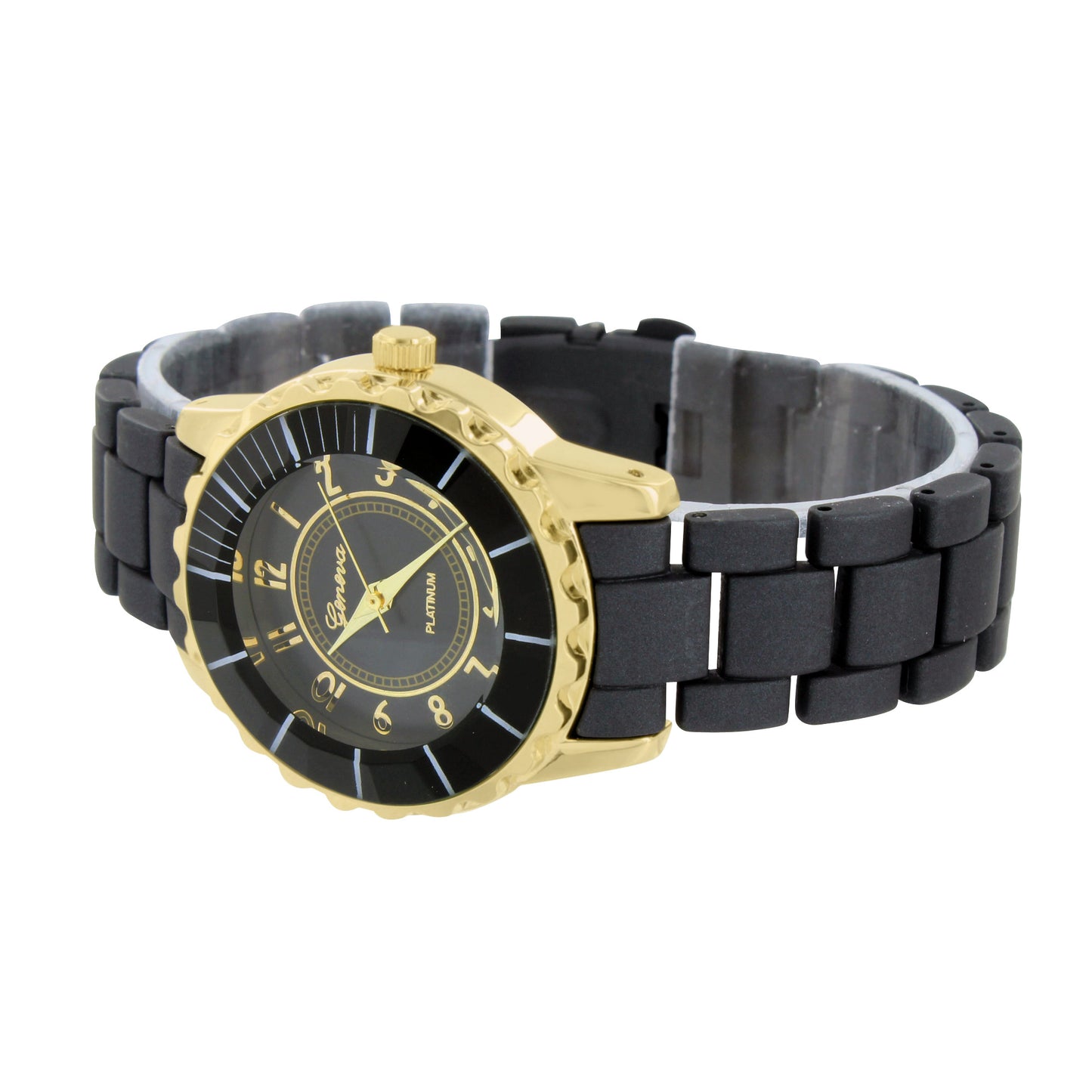 Unique Ladies Gold Tone Black Band New Watch Round Face