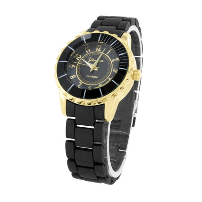 Unique Ladies Gold Tone Black Band New Watch Round Face