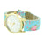 Gold Finish Women Watch Blue Floral Design Leather Strap