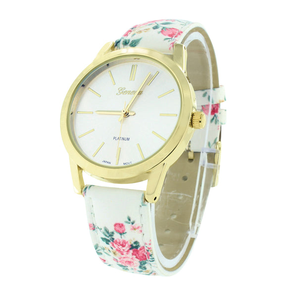Gold Finish Watch Women White Floral Design Leather Strap