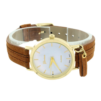 Gold Tone Watch White Dial Brown Suede Strap Water Resistant Round Face 35 MM