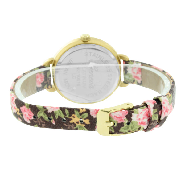 Gold Finish Watch White Dial Floral Flower Leather Band