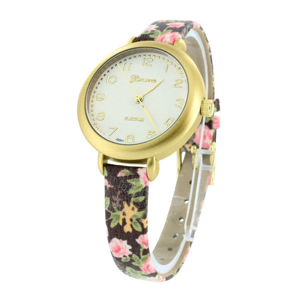 Gold Finish Watch White Dial Floral Flower Leather Band