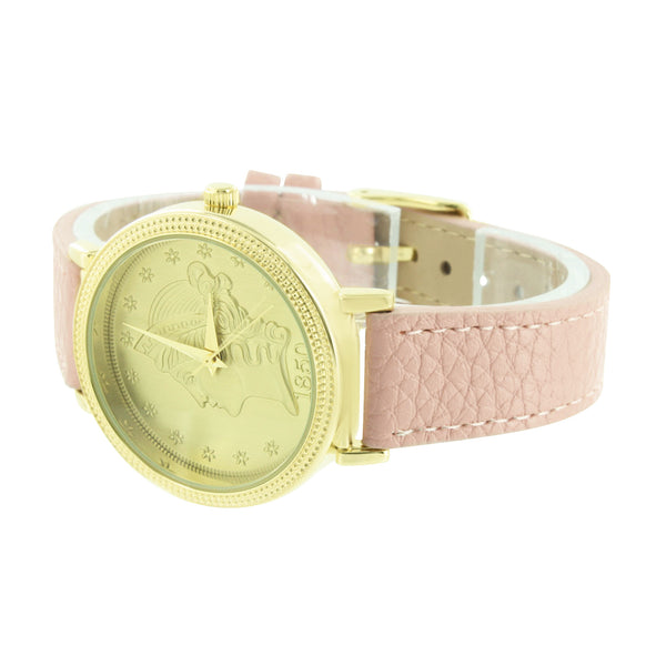 Gold Finish Watch Guinea Coin Design Dial Pink Leather Band