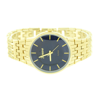 Gold Finish Watch Blue Dial Round Face Metal Band Geneva