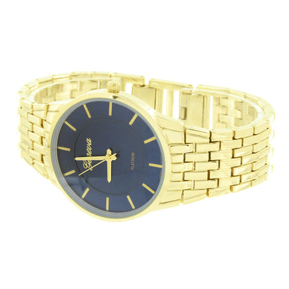 Gold Finish Watch Blue Dial Round Face Metal Band Geneva