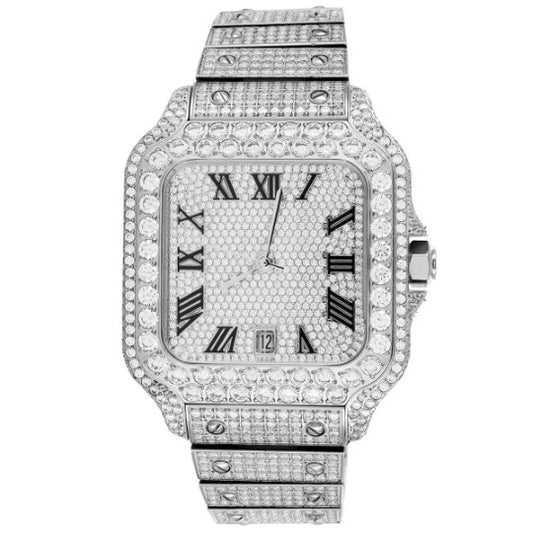 Baguette Stainless Steel Bezel White Tone Iced Out Mens Watch