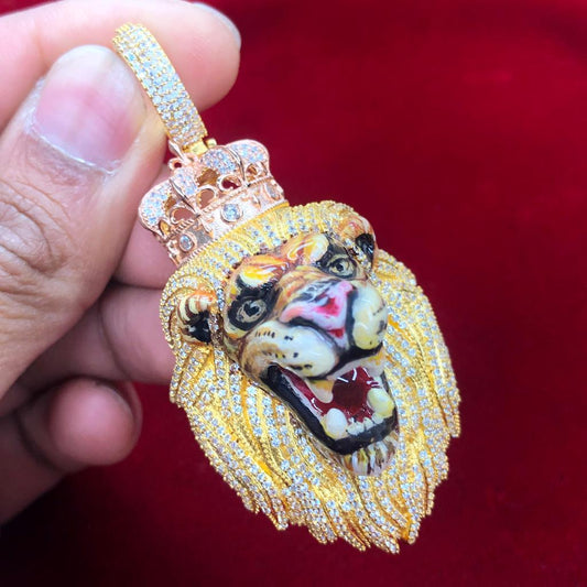 14K Gold Finish Custom Crown Lion Enamel Pendant
