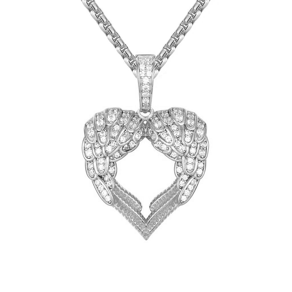 Sterling Silver Heart Wings Icy Box Chain White Tone Pendant