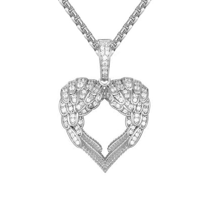 Sterling Silver Heart Wings Icy Box Chain White Tone Pendant