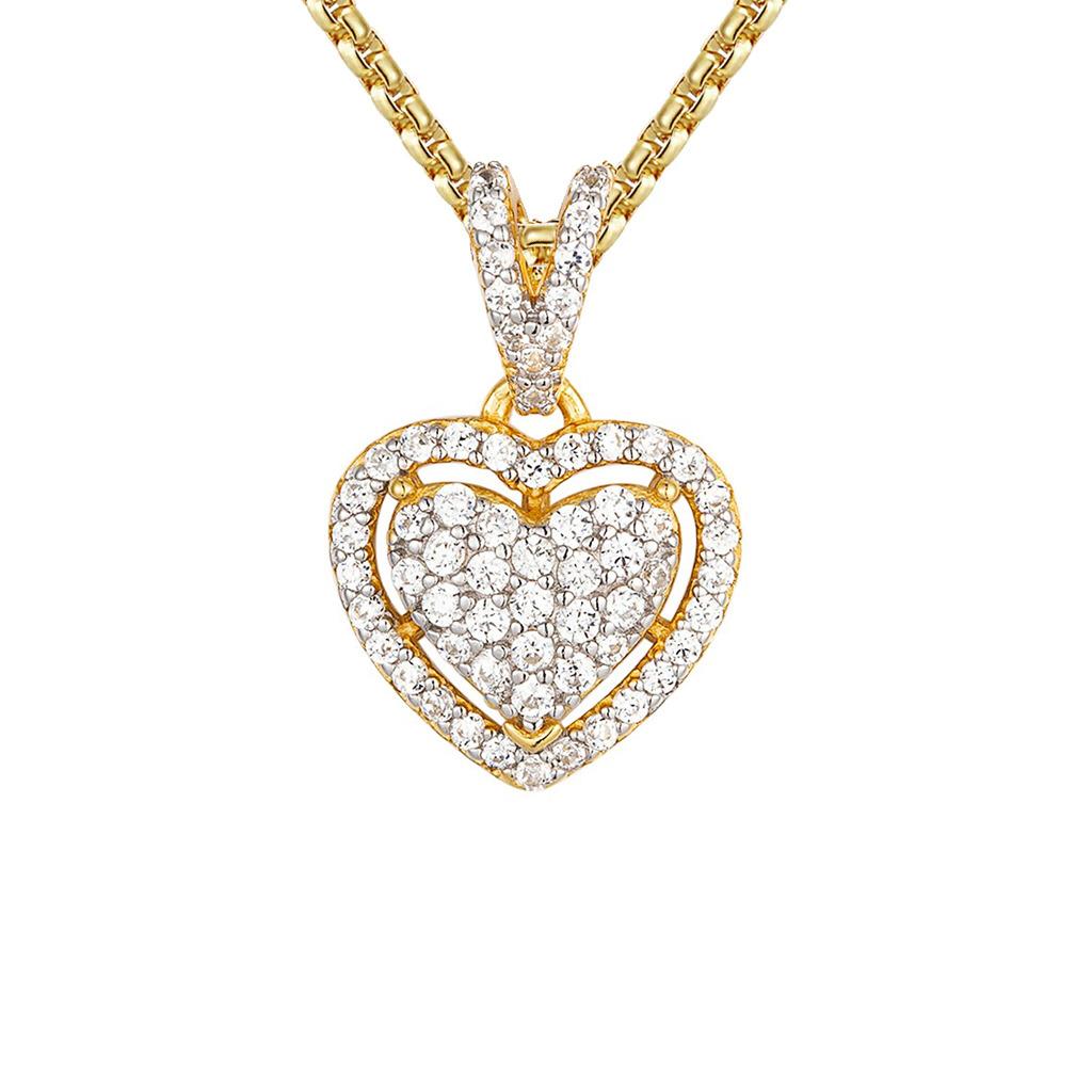 Sterling Silver Heart Icy Cluster Box Chain Gold Tone Pendant