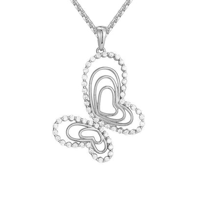 Sterling Silver Heart Butterfly Icy White Tone Box Chain Pendant