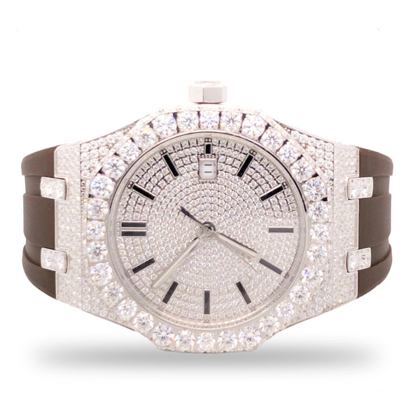 VVS Moissanite 9.5ct Brown Silicon Band Half Icedout Mens Watch