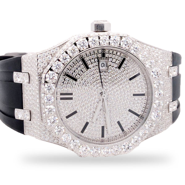 Solitaire Bezel 9.5ct Moissanite Half Iced Black Silicon Band Mens Watch