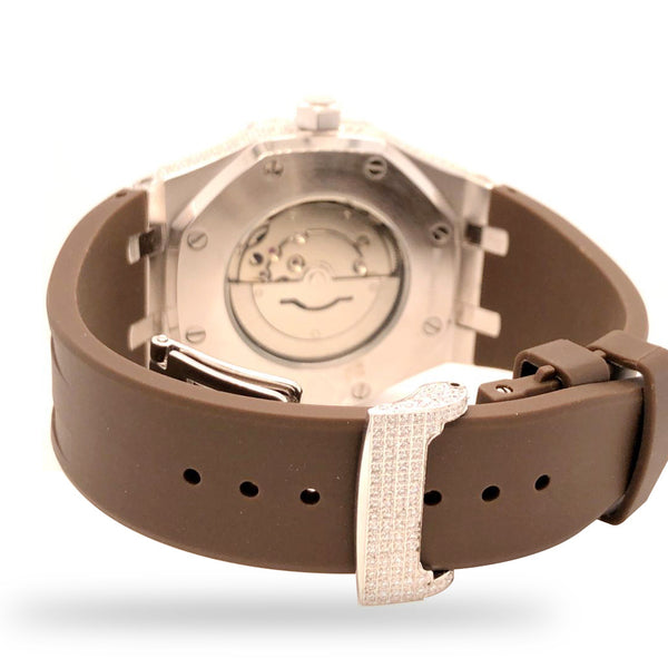 VVS Moissanite 9.5ct Brown Silicon Band Half Icedout Mens Watch