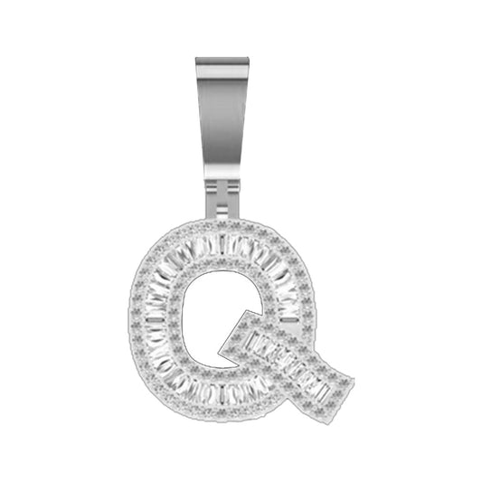 Initial Q Letter Baguette Diamond 5/8 Ctw 10K White Gold Pendant