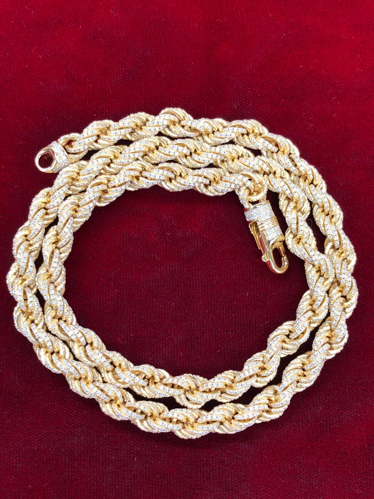 Rope Chain Silver VVS Moissanite 15.75Ct 7MM 20IN Gold Tone