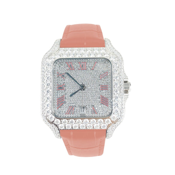 40mm Moissanite Pink Leather Band Automatic Watch