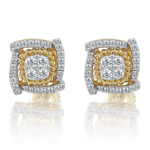 10K Gold Square Icy Diamonds Designer Screw Back Earrings