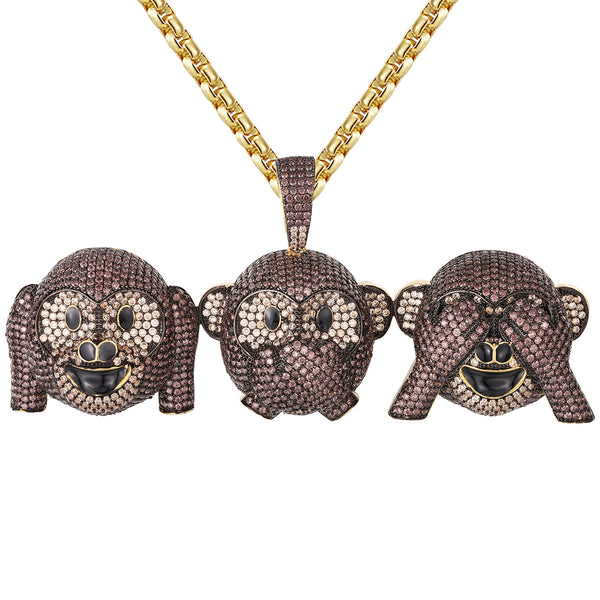 Gold Tone Three Wise Monkeys Icy Bling Hip Hop Pendant