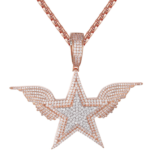 Rose Gold Tone Star Angel Wings Sterling Silver Icy Micro Pave Hip Hop Rapper Style Pendant Tennis Chain