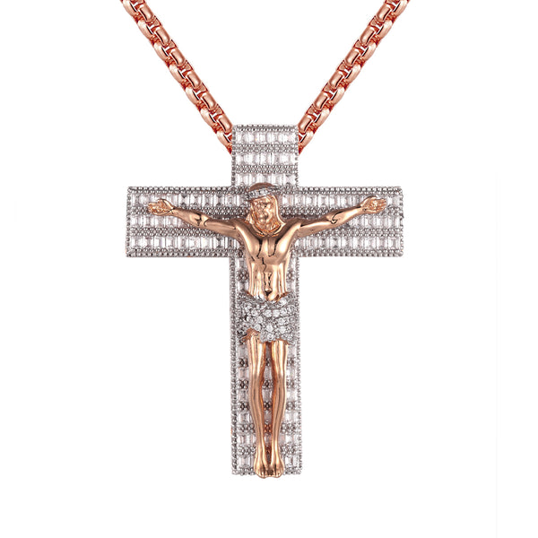 Rose Gold Baguette Religious Jesus Cross Crucifix Pendant