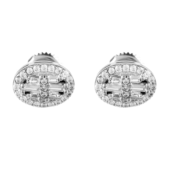 Sterling Silver Oval Shape Baguette Icy Screw Back Earrings