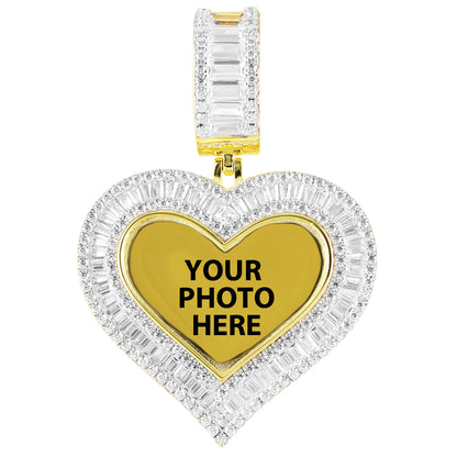 Baguette Heart Picture Icy Photo Memory Silver Pendant Chain