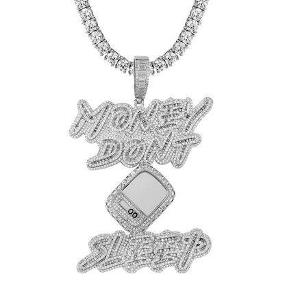 Sterling Silver Money Don't Sleep Baguette Icy Hip Hop Pendant