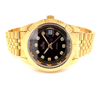 Mens Gold Finish Black Dial Automatic Movement Steel Watch