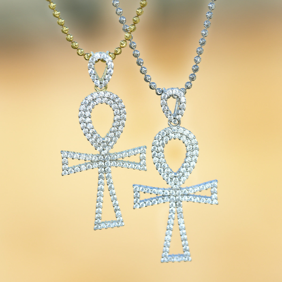 Silver Ankh Cross Pendant With Moon Cut Chain
