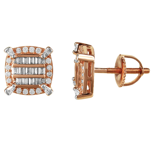 Rose Gold Baguette Icy Square Prong .925 Screw Back Earrings