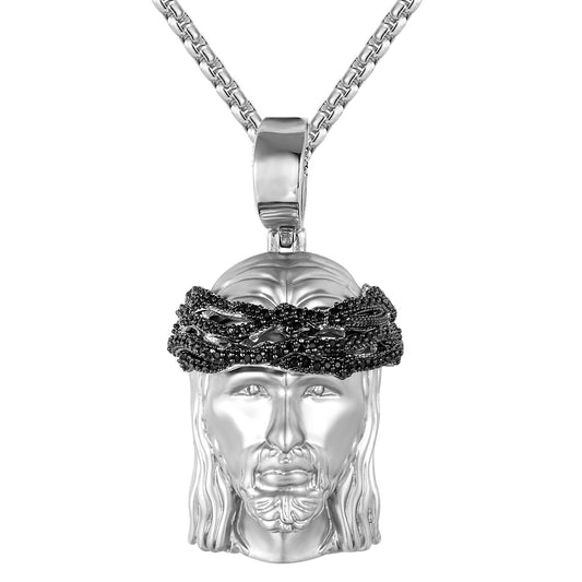 Mens Silver Small Jesus Face Icy Black Crown Religious Pendant