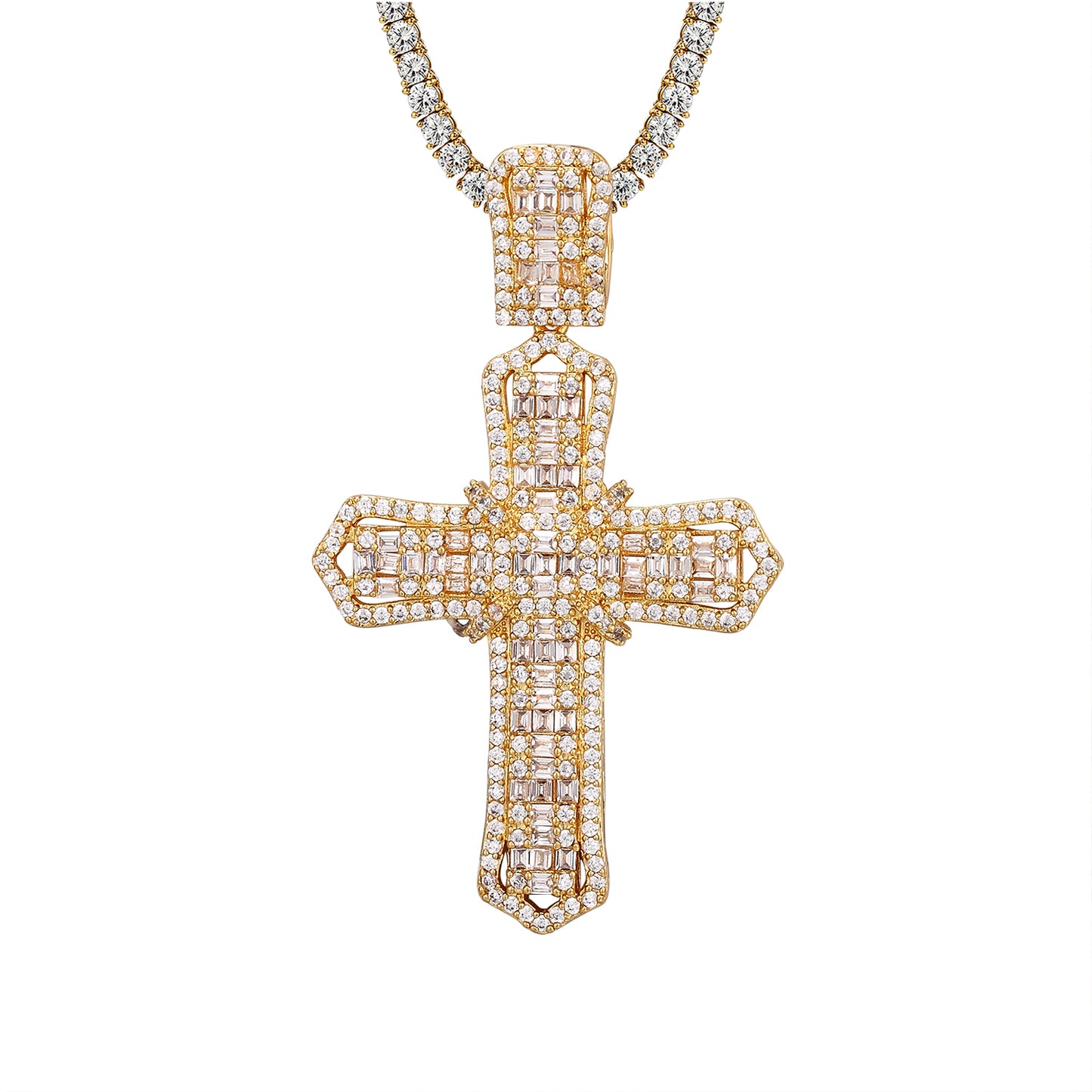 Gold Tone Jesus Cross Baguette Solitaire Icy Religious Pendant