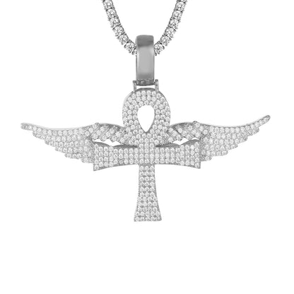 Sterling Silver Ankh Cross Angel Wings Icy Rapper Style Pendant