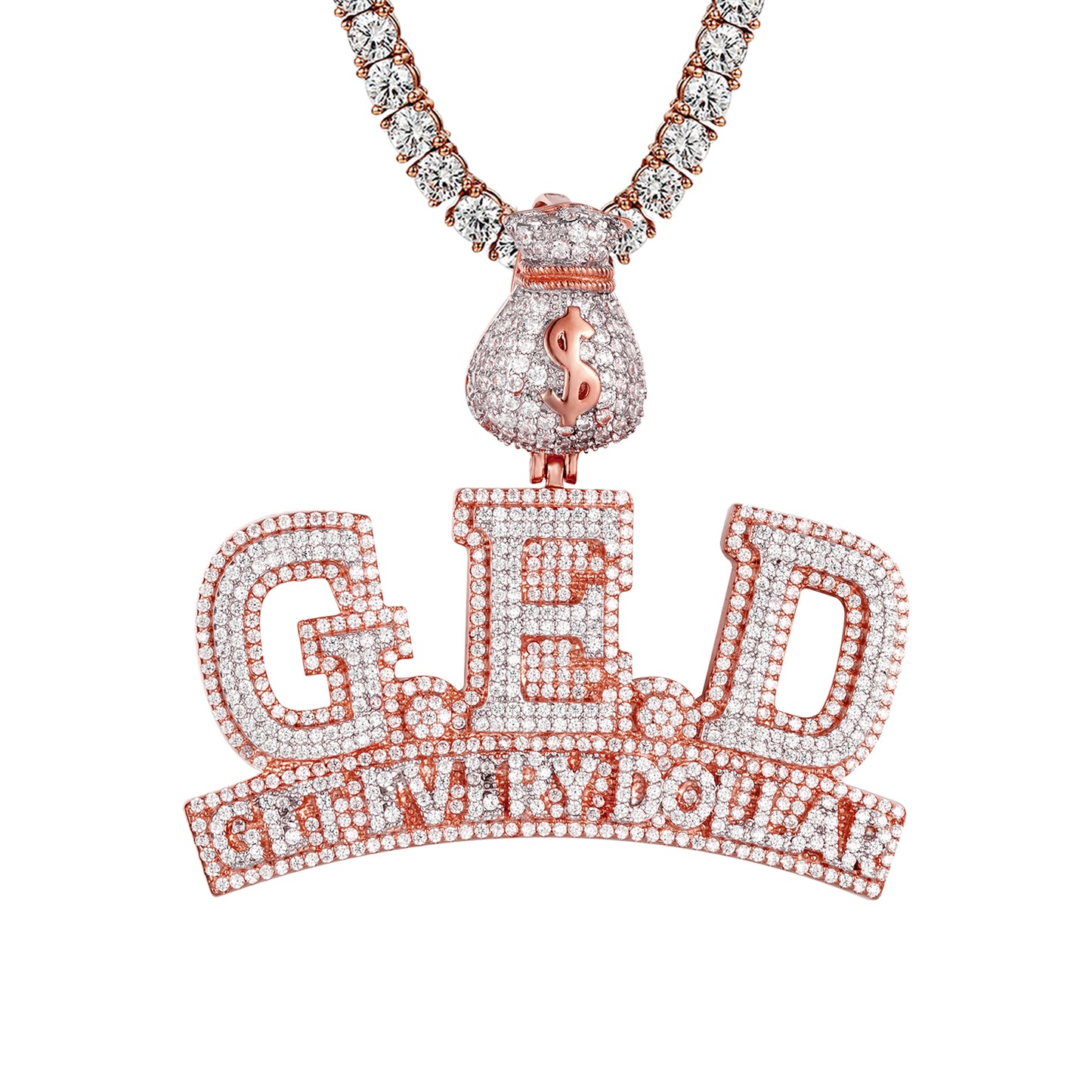 14k Rose Gold Tone Get Every Dollar Rich Designer Icy Pendant