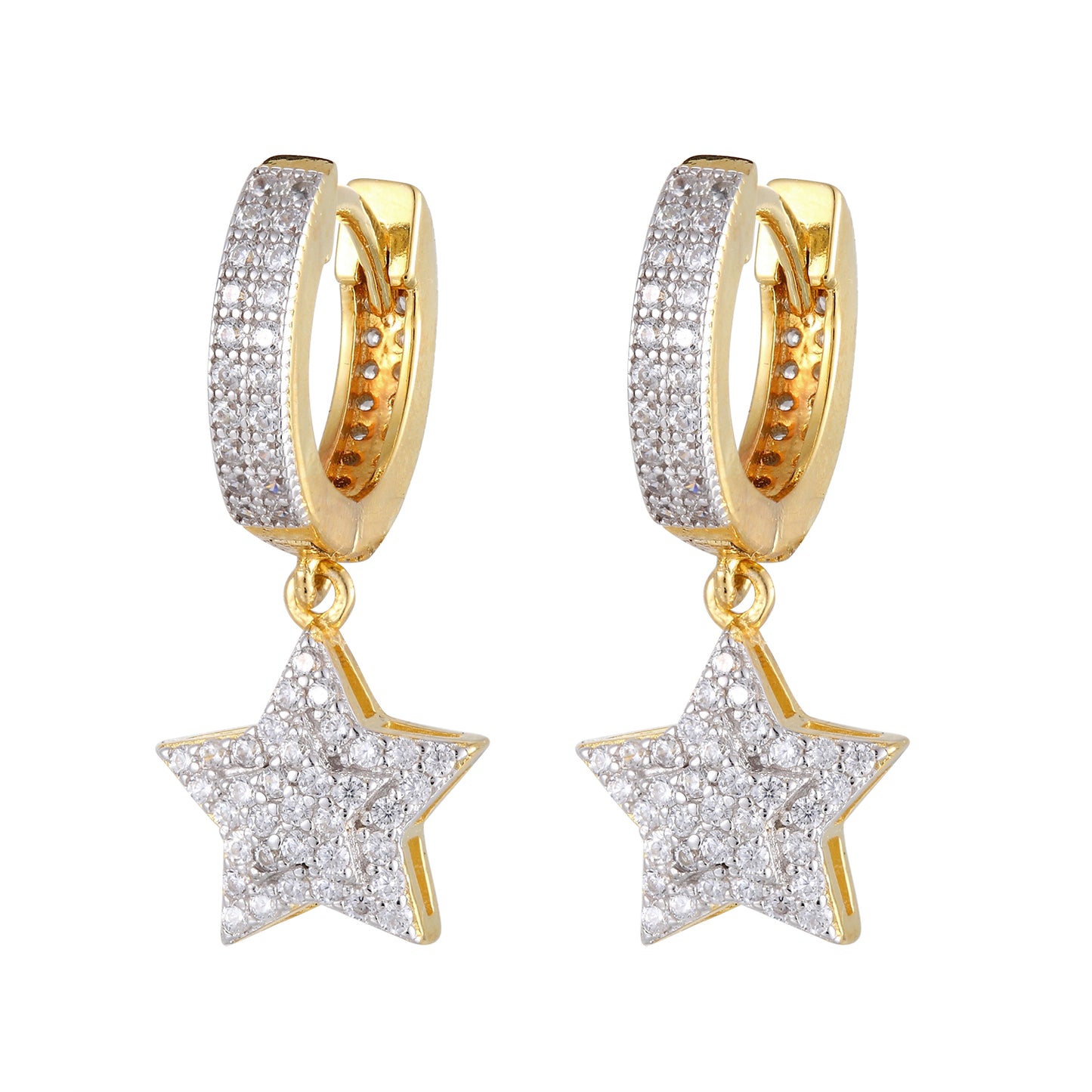 Dangling Star Hoops Micro Pave Silver Gold Tone Earrings
