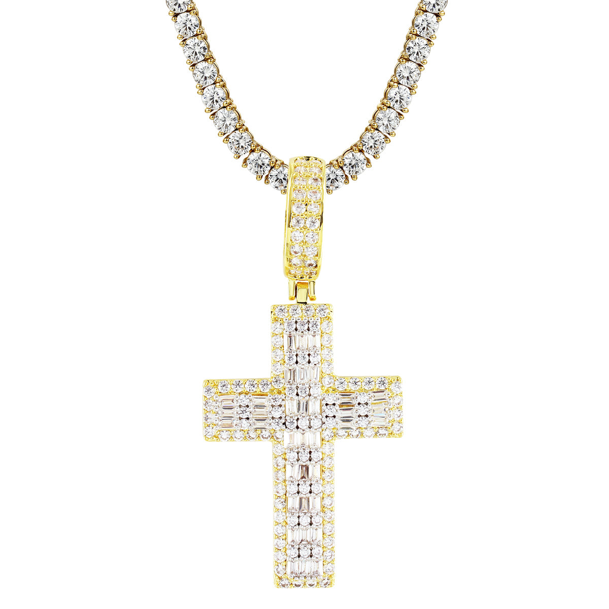 Sterling Silver 2 Row Baguette Holy Cross Religious God Pendant