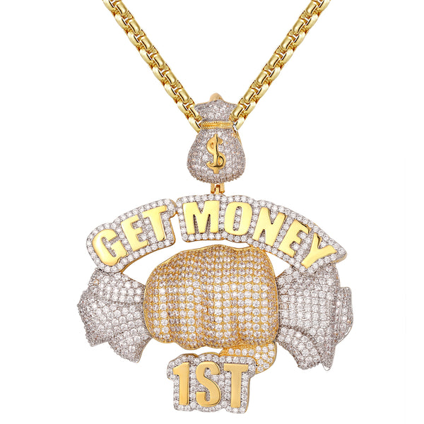 et Money First Hand Holding Dollar Bills Icy Silver Pendant Chain