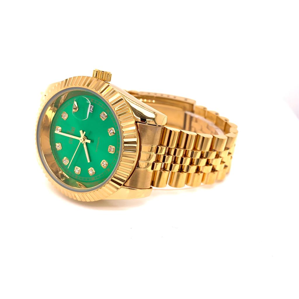 Fluted Bezel Green Dial Gold Tone Stainless Steel Rapper Watch