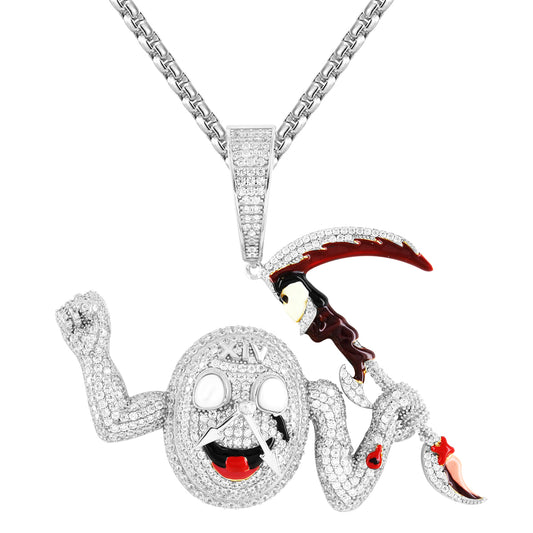 Silver Running Time Devil Clock Micro Pave Hip Hop  Pendant